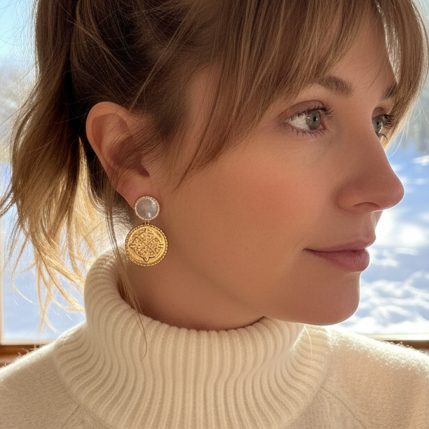 Jolene Clear Quartz Stone and Coin Earrings