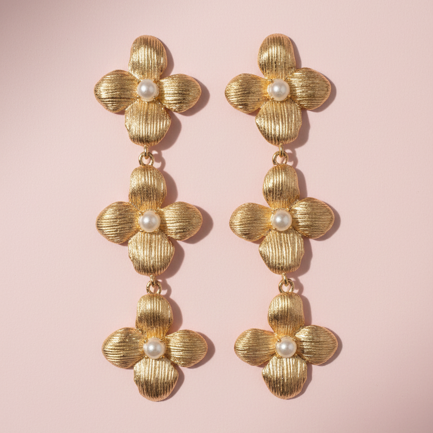 Kara Triple Magnolia Dangle Earrings (Pierced)
