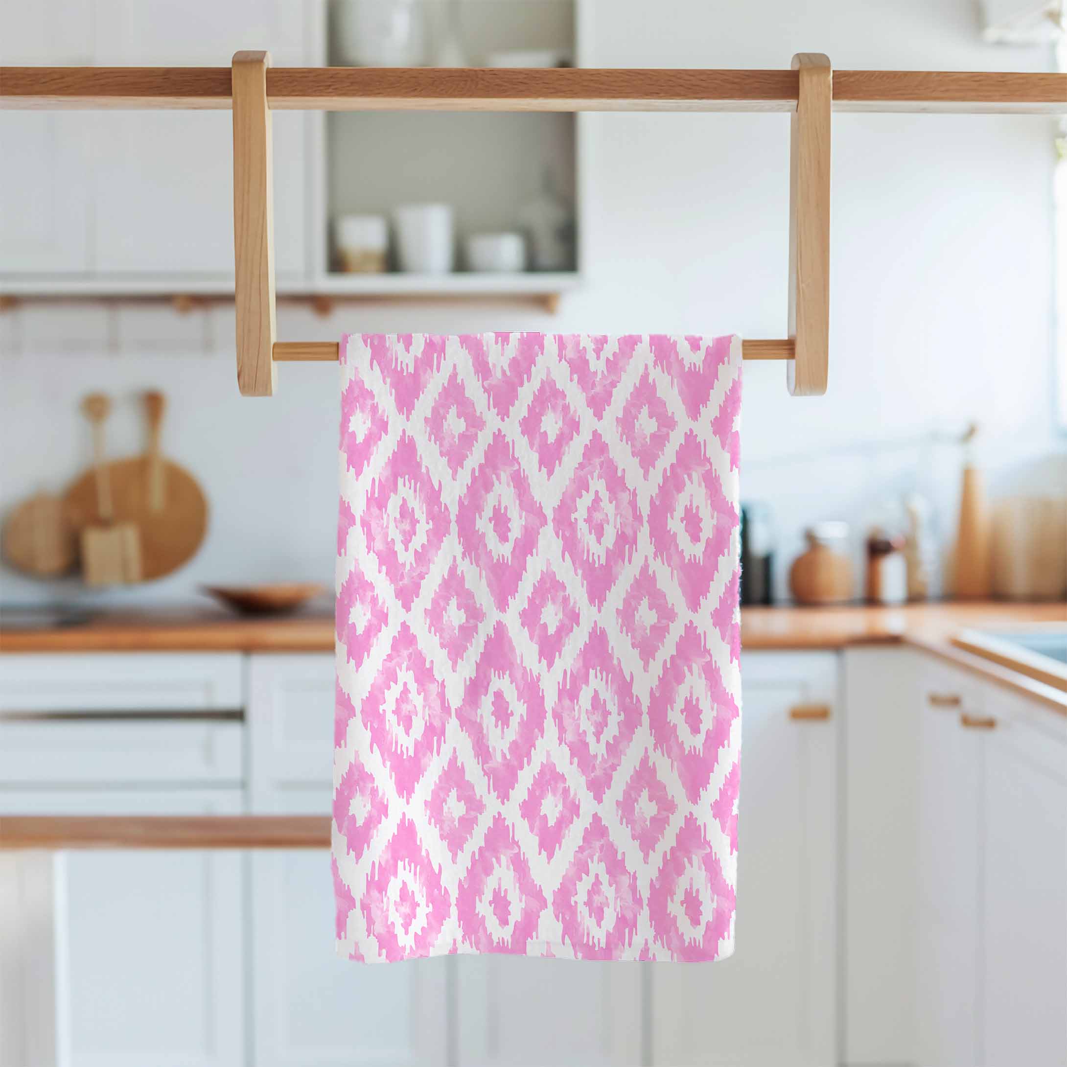 Designer Tea Towel in Watercolor Ikat Diamonds Pink