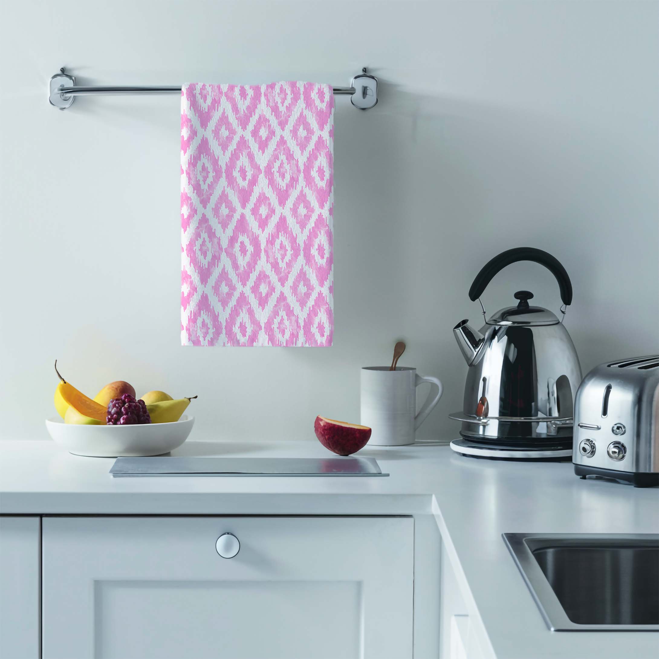 Designer Tea Towel in Watercolor Ikat Diamonds Pink