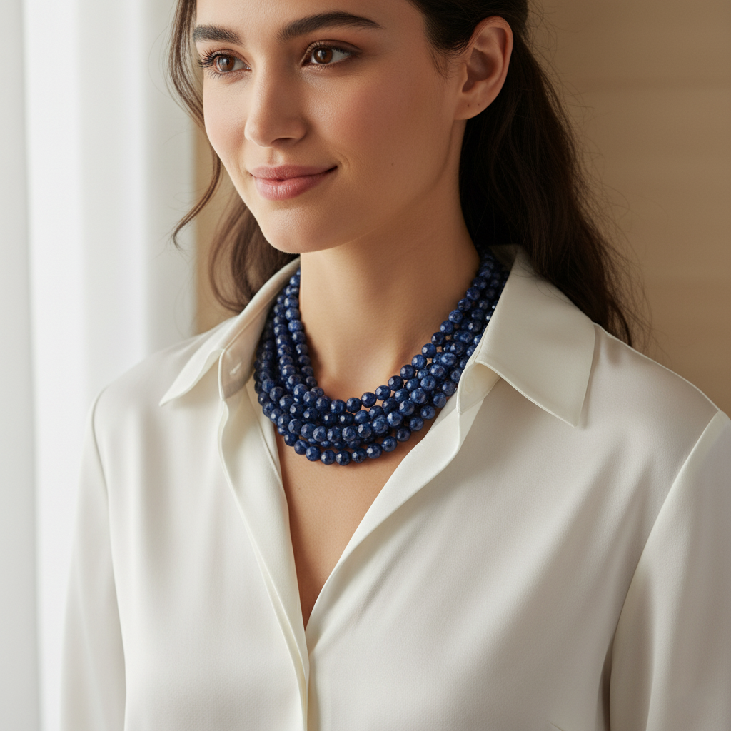 Marbled Faceted Ball Beaded Multi Layered Magnetic Necklace in Navy