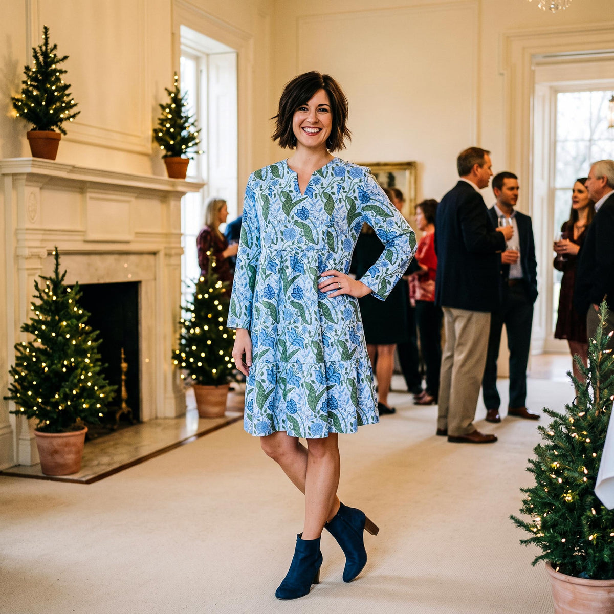 Orleans Drop Waist Tunic Dress in Walk In The Autumn Garden Blue