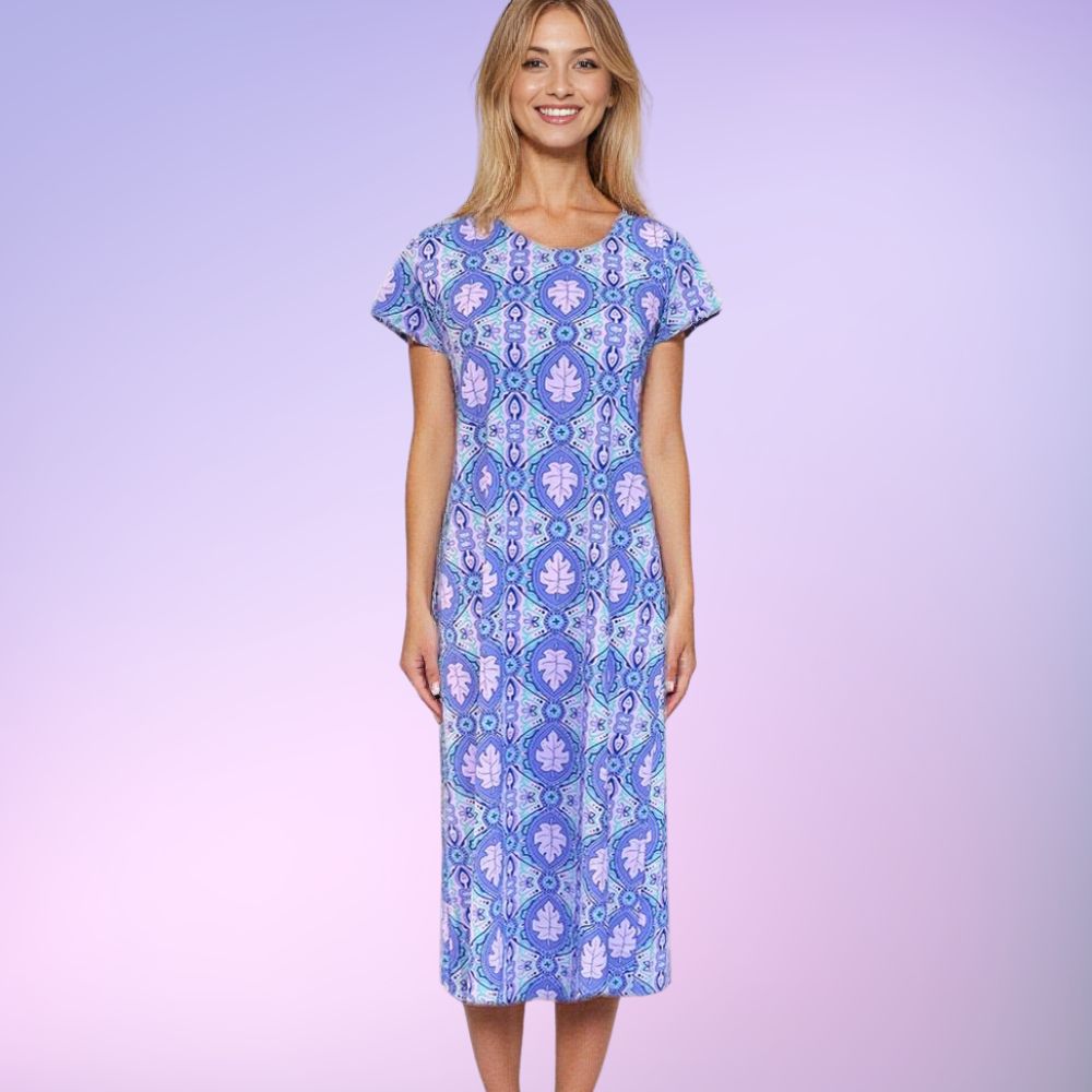 Mackinac Island Midi Length Tee Shirt Dress in Bali Hai Baby Lilac