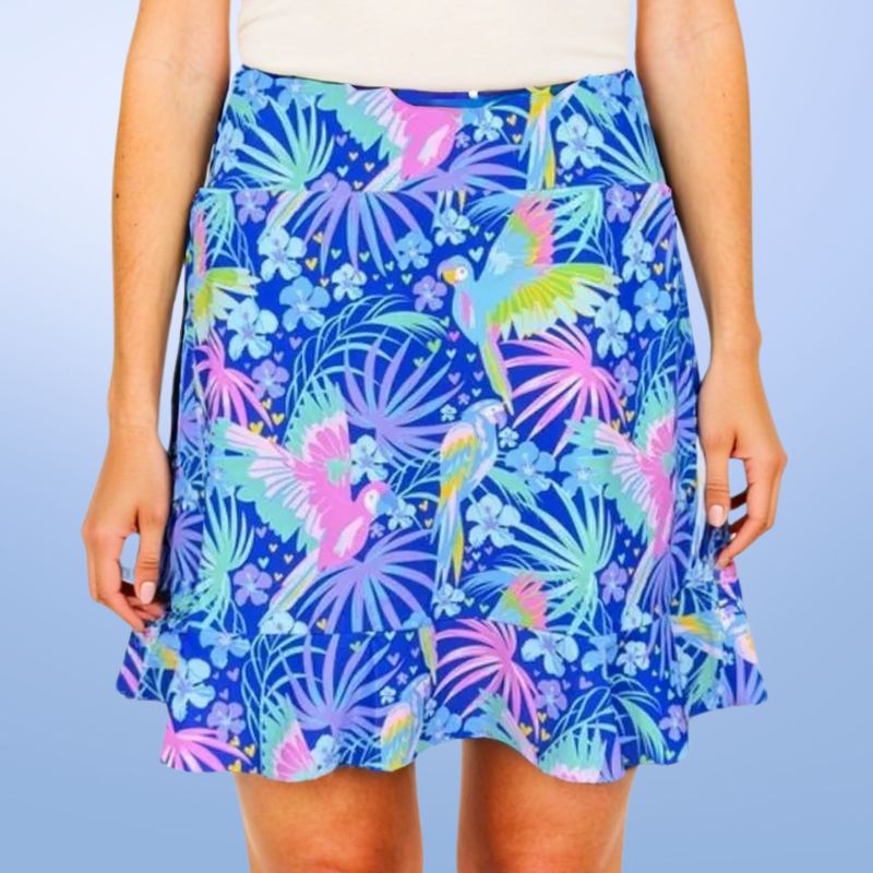 Venice Ruffle Hem Skort in Parrotheads at Play Cobalt