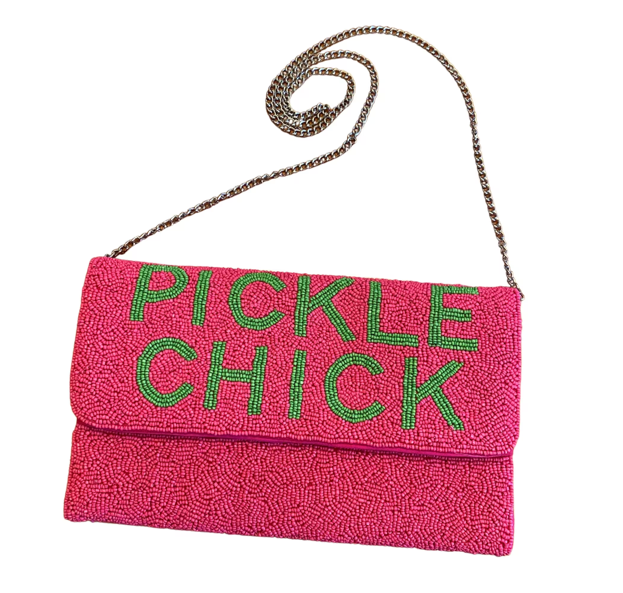 Seed Bead Clutch Bag Pickle Chick Motif in Pink and Green