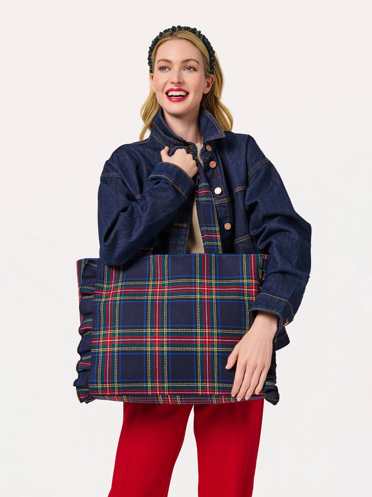Scottie Ruffle Tartan Tote in Navy