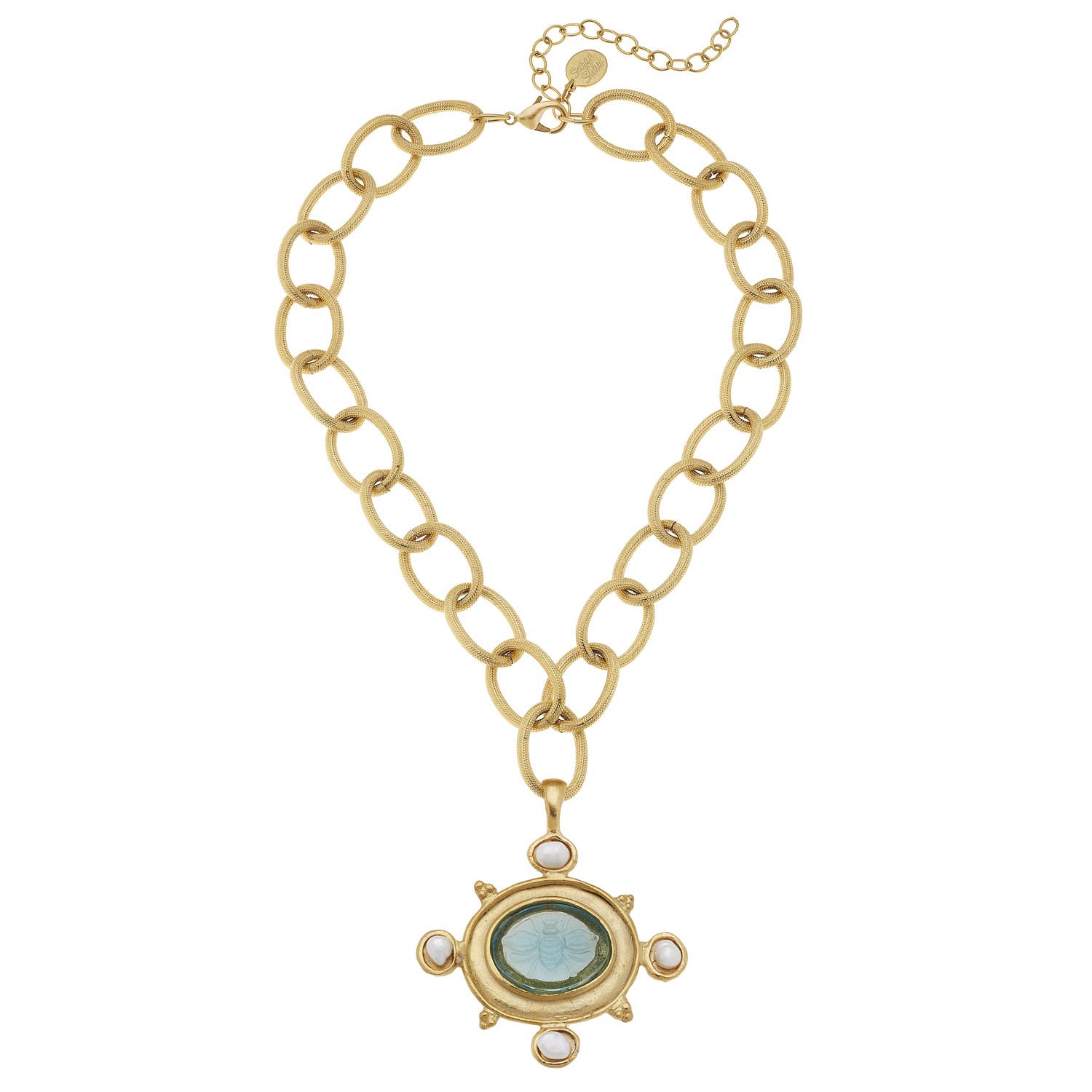 Aqua Venetian Glass Bee Intaglio with Handset Freshwater Pearls on Gold Chain Necklace