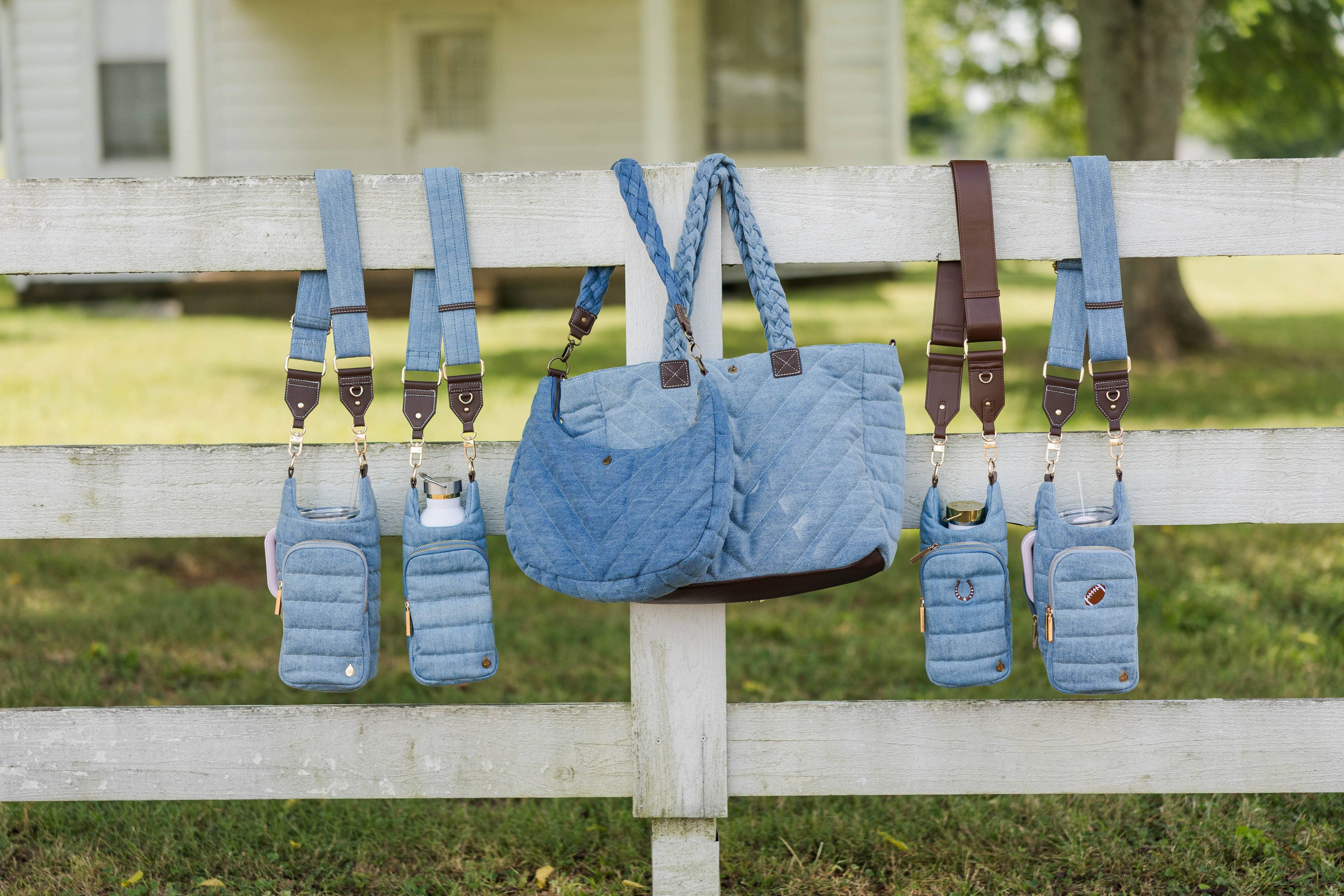 Light Denim HydroBag® with Gold Hardware and Denim overlaid Vegan Leather Strap
