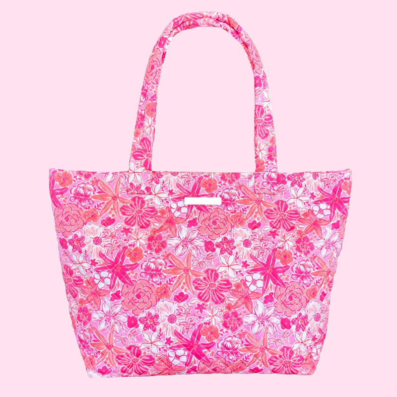 Quilted Large Tote in Resort Floral Pink and Peach