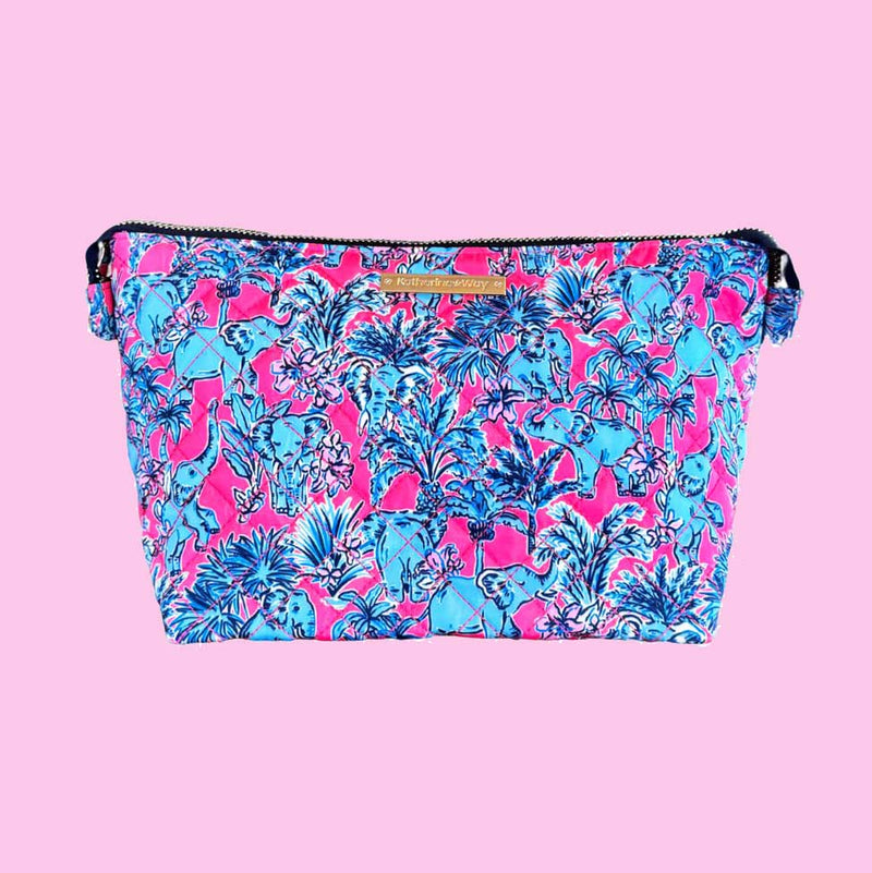 Quilted Large Zippered Cosmetics Pouch in Elephants and Palms Blue and Pink