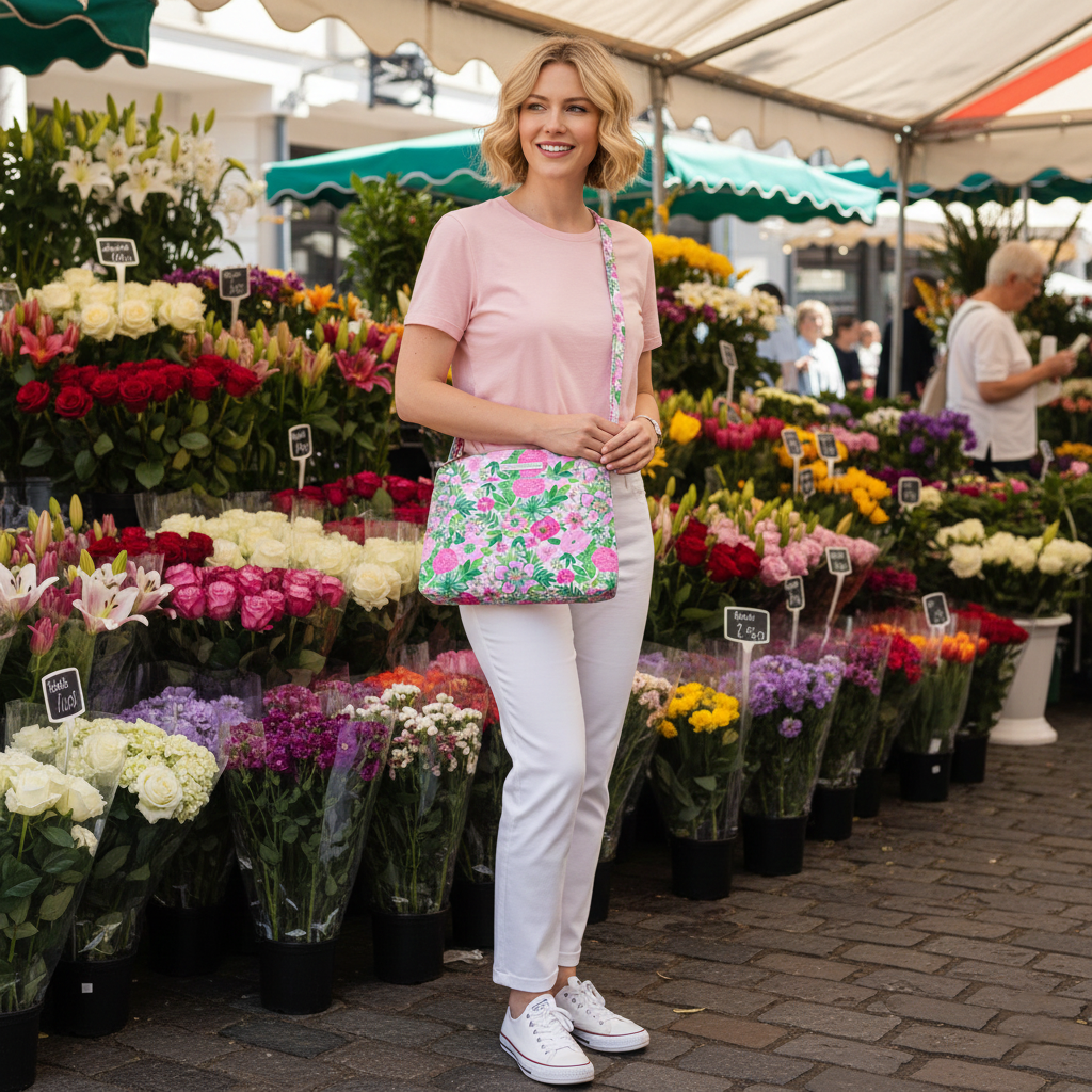 Quilted Crossbody Hipster in Nancy's Garden Pink and Green