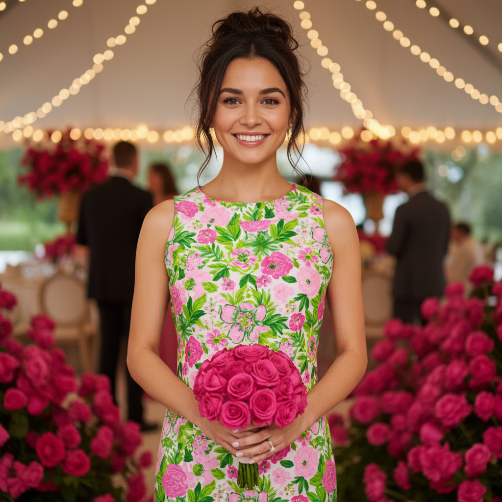 Seaside Boat Neck Dress in Nancy's Garden Pink and Green