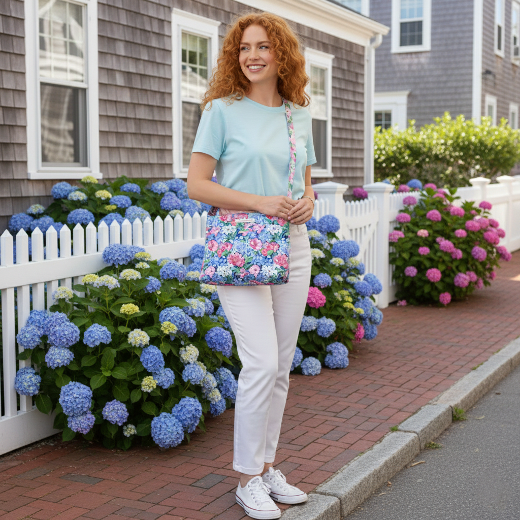 Quilted Crossbody Hipster in Hydrangeas Blue Pink White