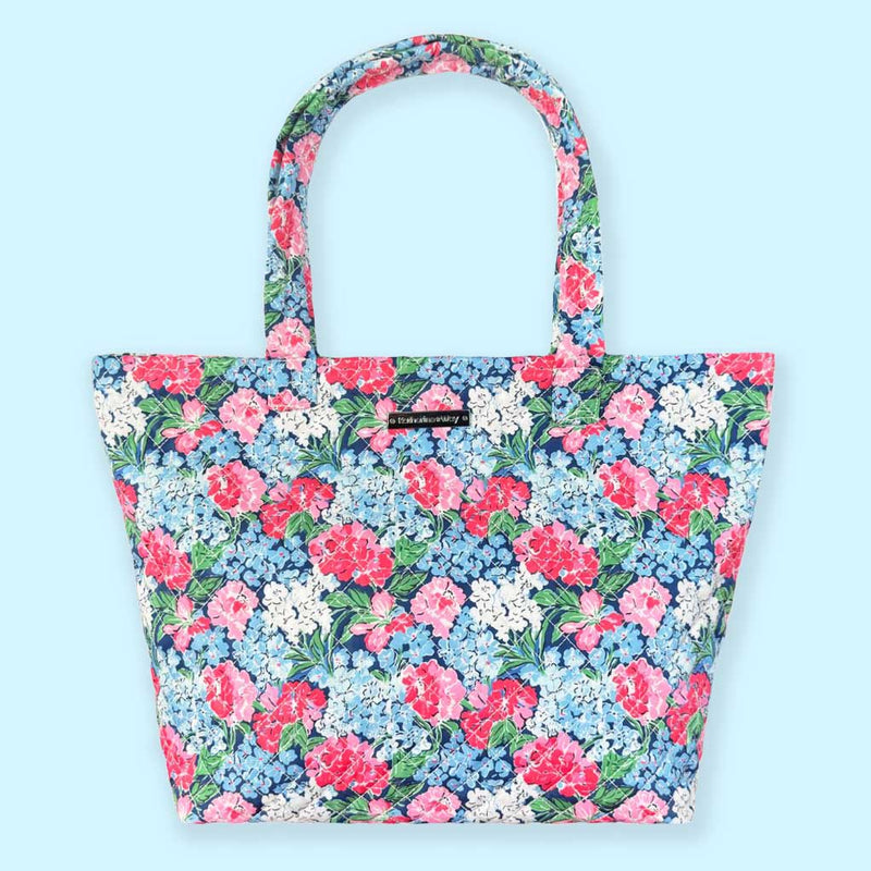 Quilted Large Tote in Hydrangeas Blue Pink White
