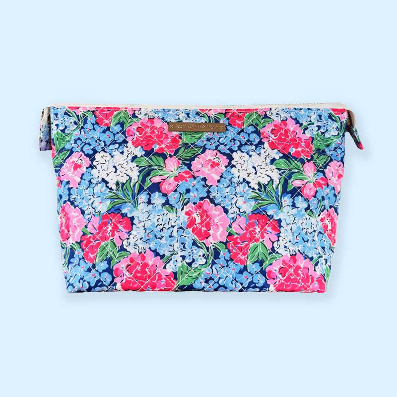 Quilted Large Zippered Cosmetics Pouch in Hydrangeas Blue Pink White