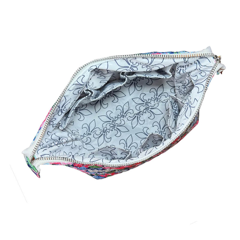 Quilted Large Zippered Cosmetics Pouch in Hydrangeas Blue Pink White