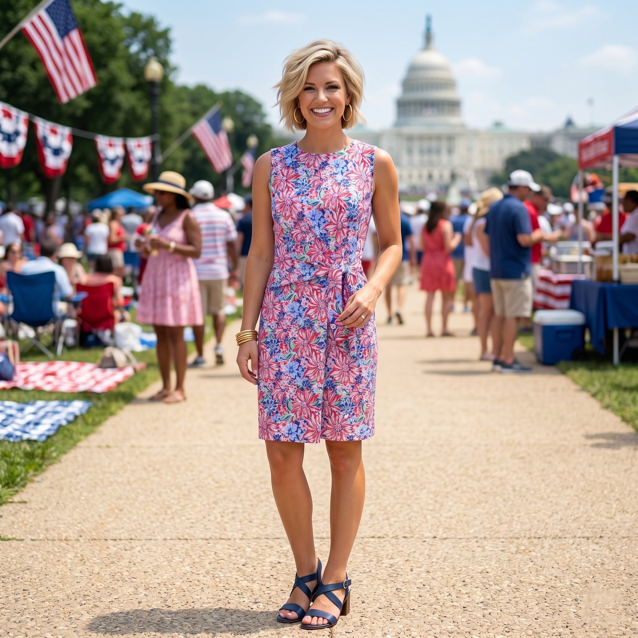 Galveston Bay Faux Wrap Dress in Patriotic Petals