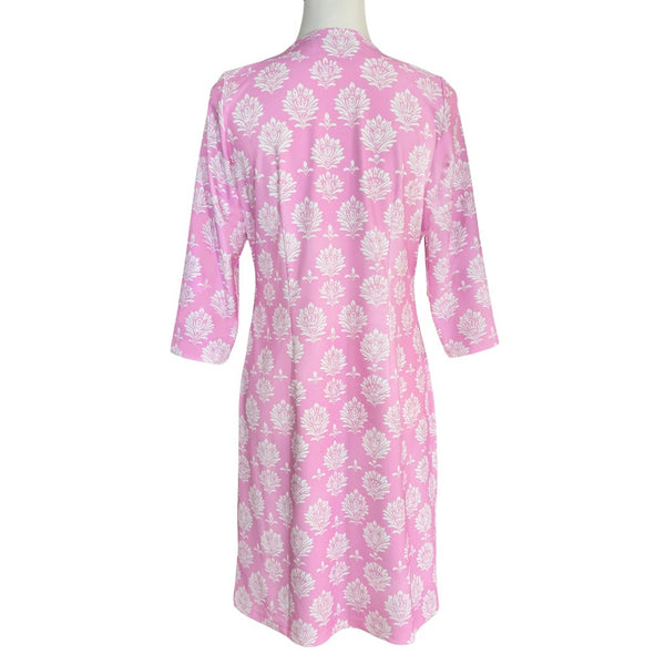 Brisbane V-Neck Dress in Hadley's Block Print Pink and White