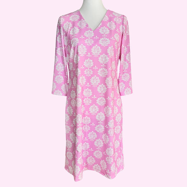 Brisbane V-Neck Dress in Hadley's Block Print Pink and White