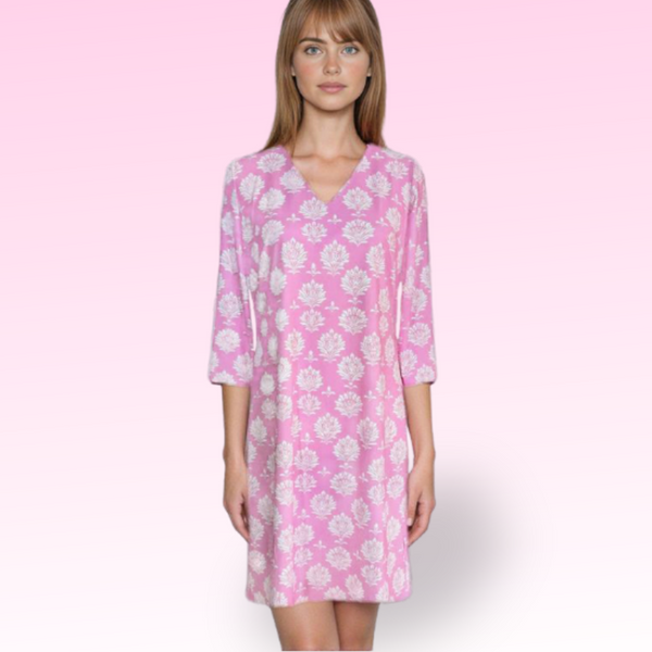 Brisbane V-Neck Dress in Hadley's Block Print Pink and White