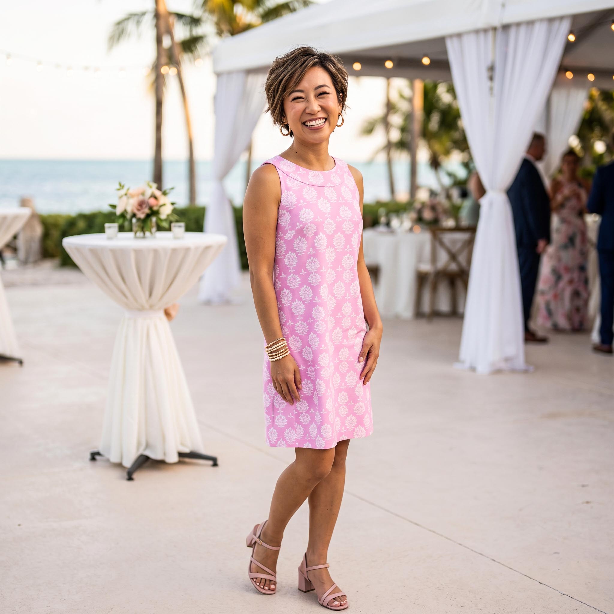 Seaside Boat Neck Dress in Hadley's Block Print Pink and White