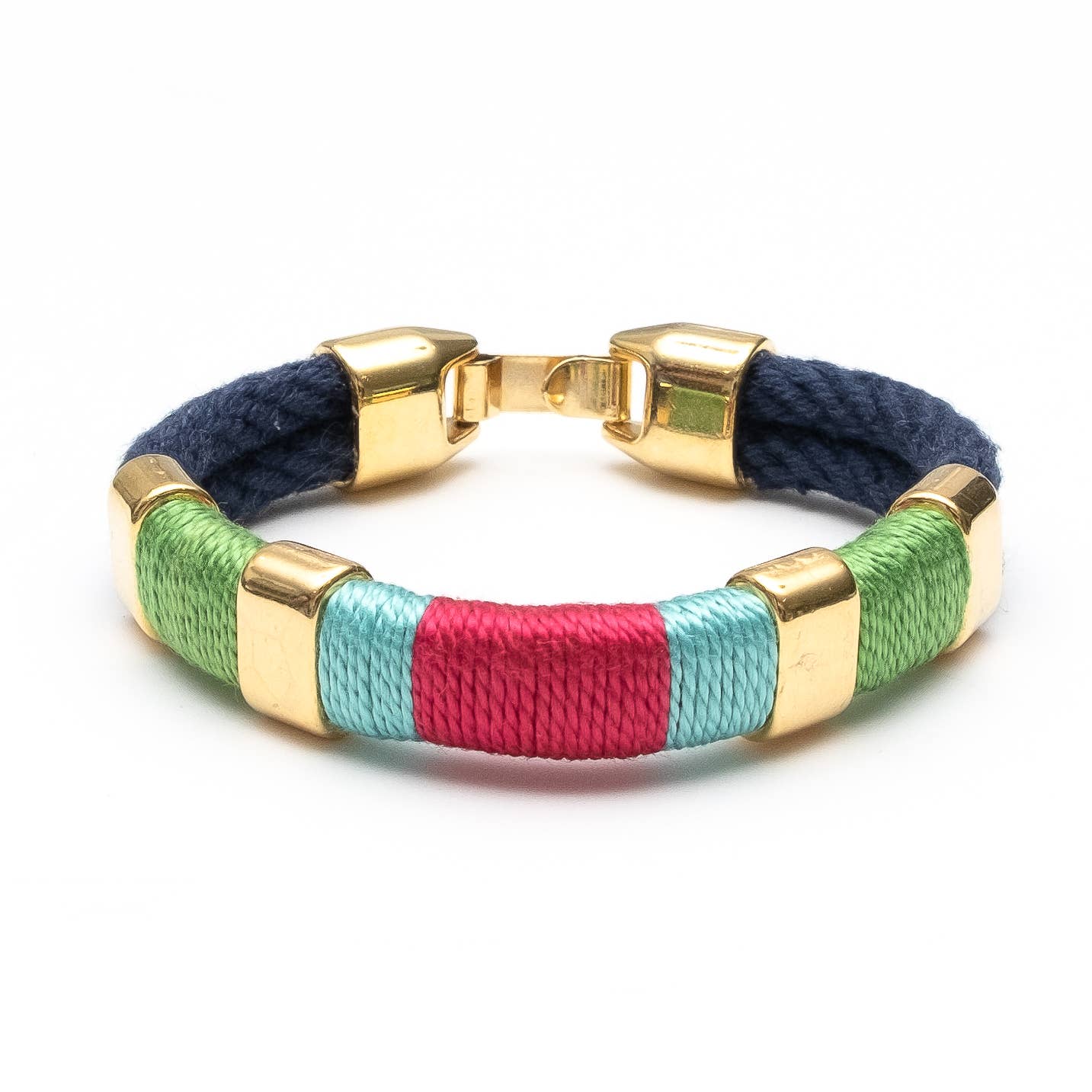 Multicolored bracelet with gold clasps on a white background