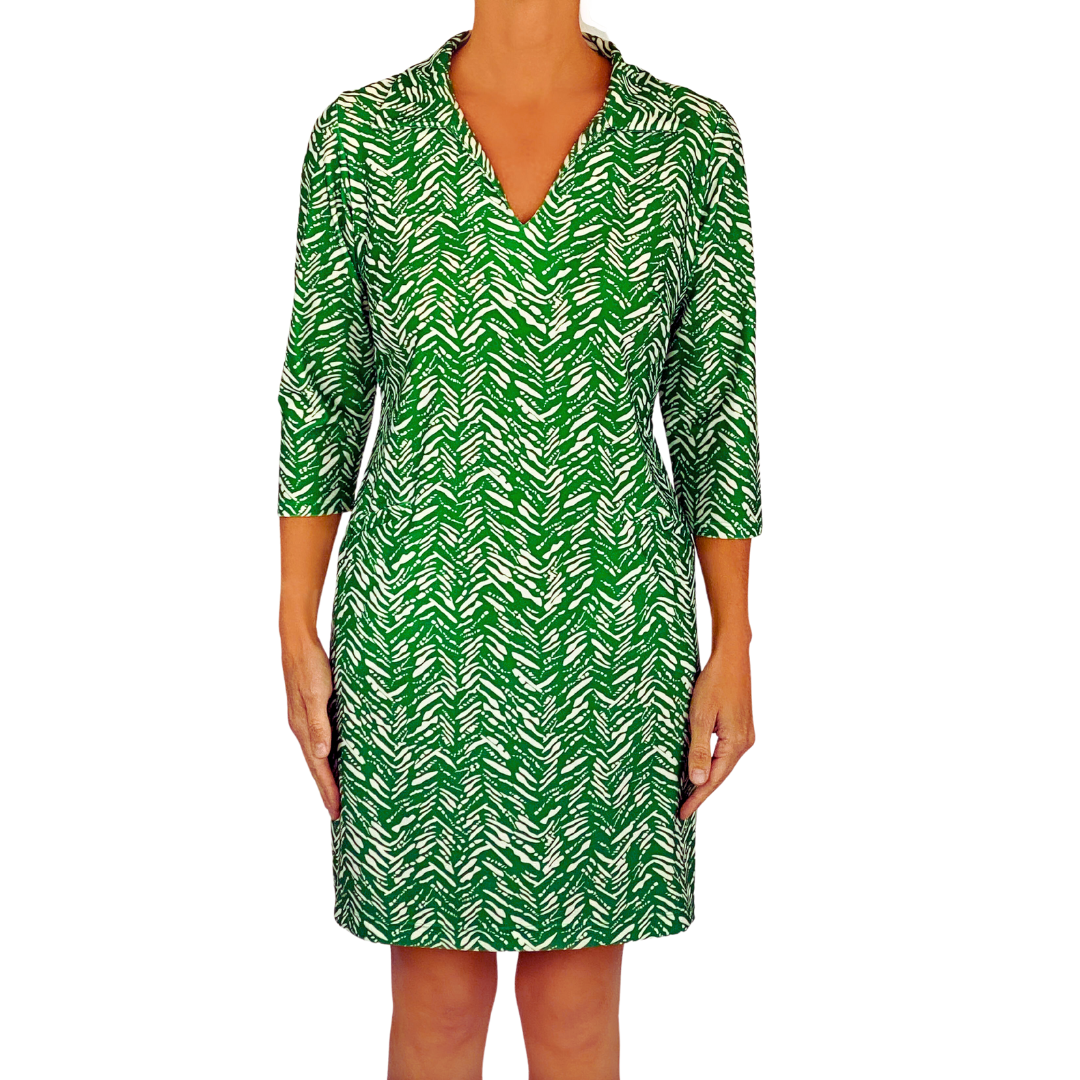 Katherine Way Rockport Dress in Chevron Kelly Green and White