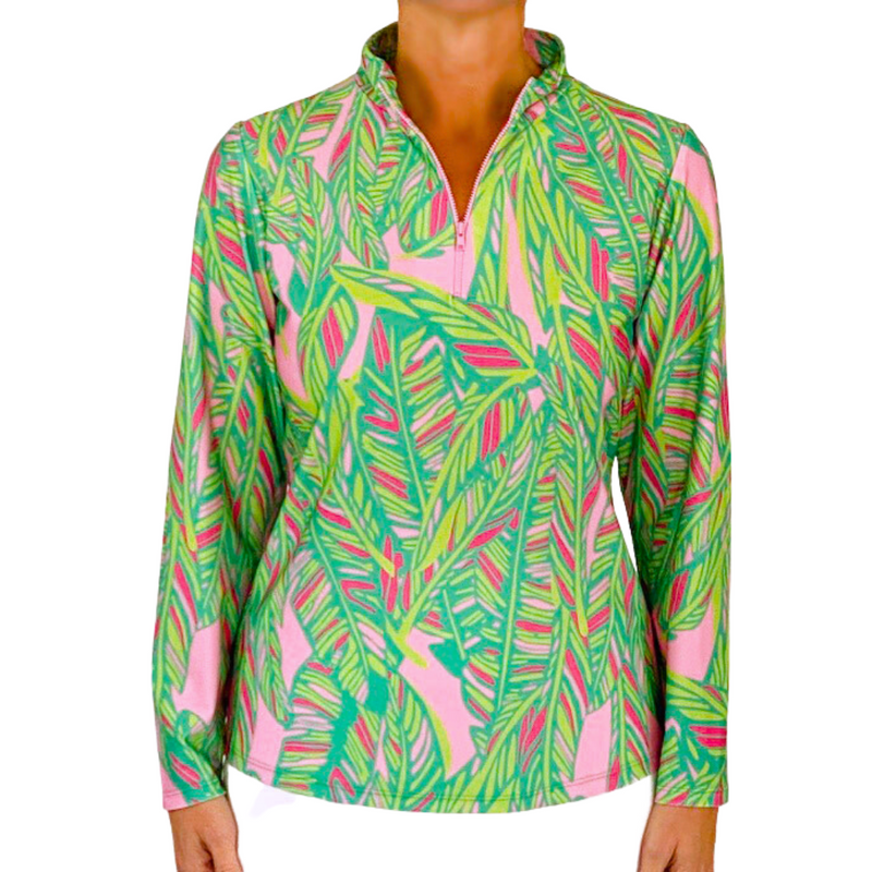 Ana Maria Pullover in Abstract Leaves Pink Lime SAMPLE
