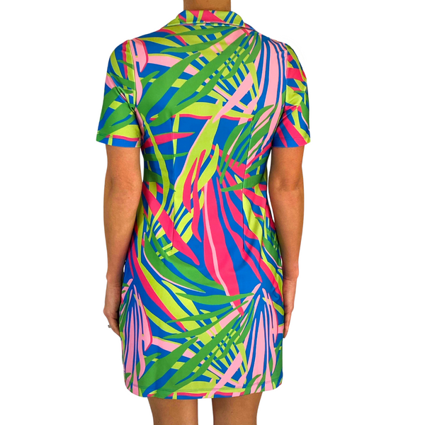 Beaufort Dress in Tropical Leaves Pink and Green