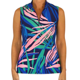 Lenox Sleeveless Top in Tropical Leaves Navy and Pink