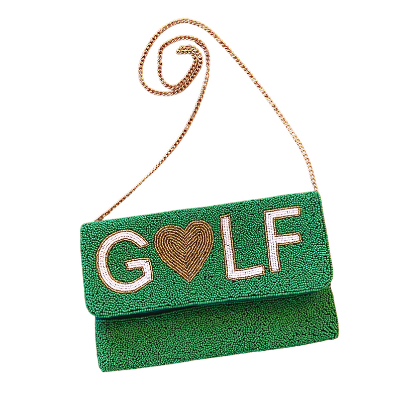 Seed Bead Clutch Bag Golf Motif in Kelly Green and White