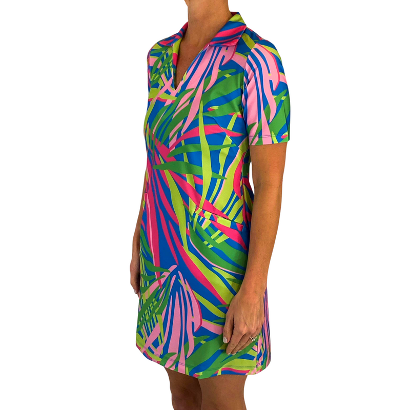 Beaufort Dress in Tropical Leaves Pink and Green