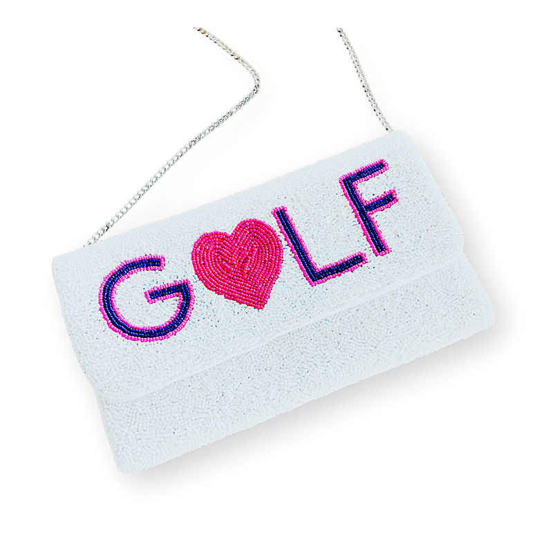 Seed Bead Clutch Bag Golf Motif in White and Pink
