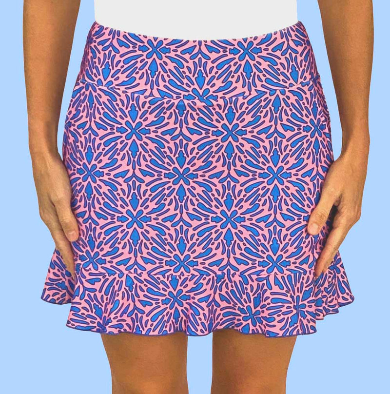 Venice Ruffle Hem Skort in Geo Tile Periwinkle and Pink (Sample)