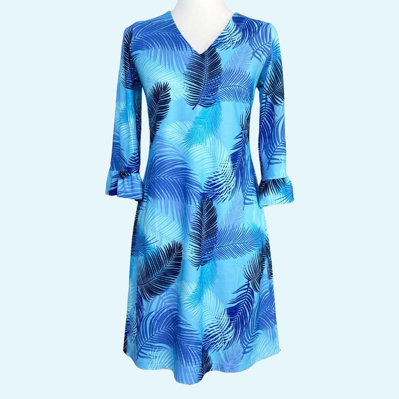 Malibu Ruffle Cuff Dress in Indigo Palms (Sample)