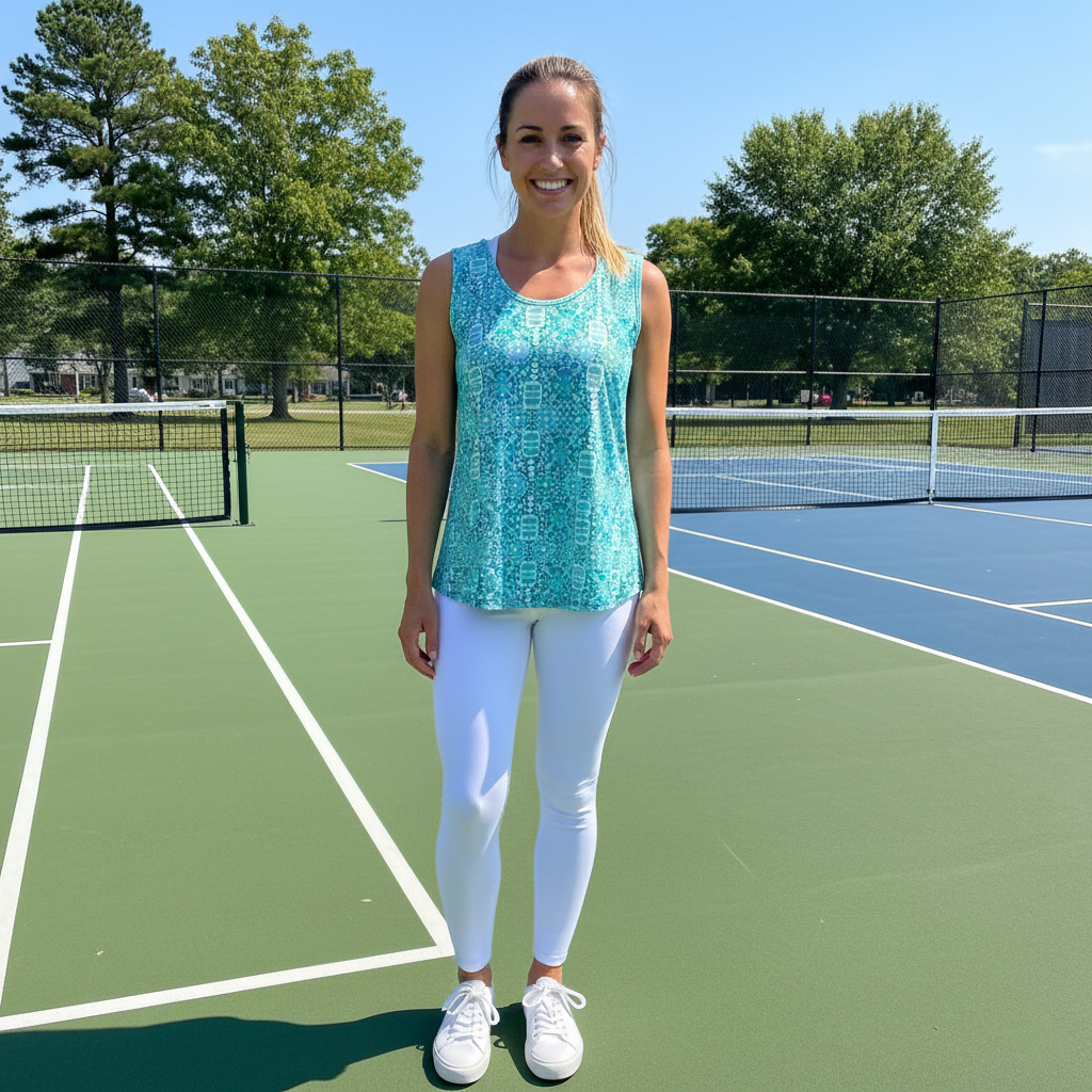 Cambridge Tank Top in Peace Love Pickleball Aqua Tides