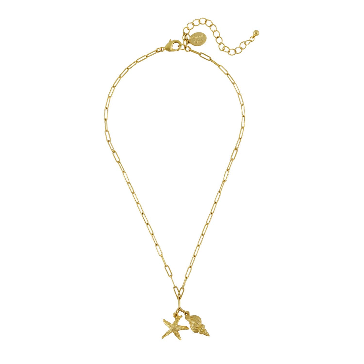 Gold Starfish & Spiral Shell on Paperclip Chain Necklace