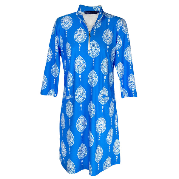 Katherine Way Doral Dress in Taj Mahal Block Print Blue and White