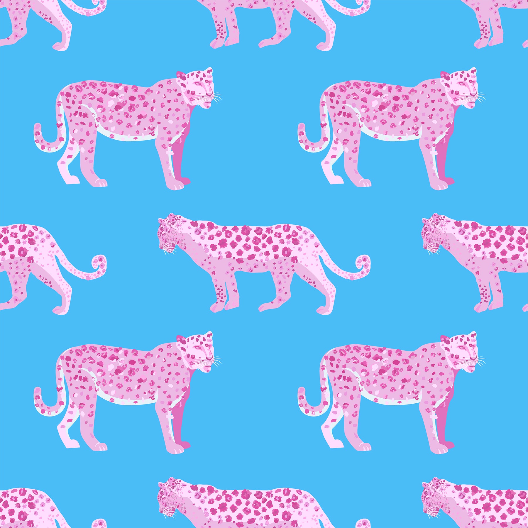 Pattern of pink leopards on a blue background