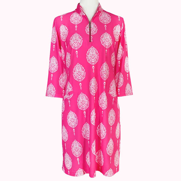 Doral Dress in Taj Mahal Block Print Pink and White