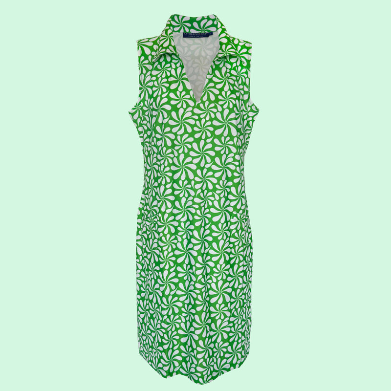 St. Regis Dress in Abstract Petals Shamrock and White