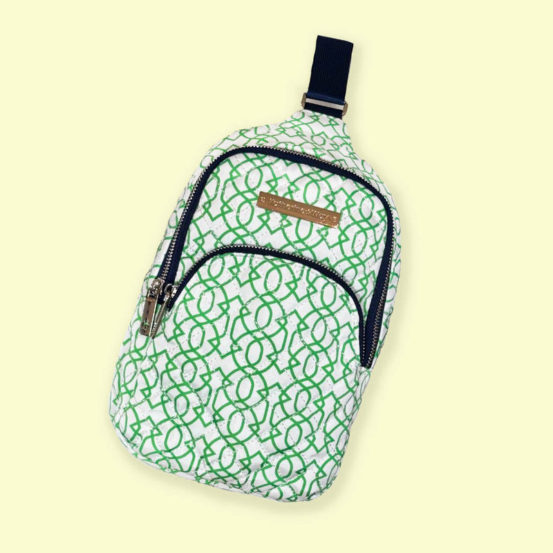 Quilted Sling Backpack in Imperial Trellis Shamrock on White