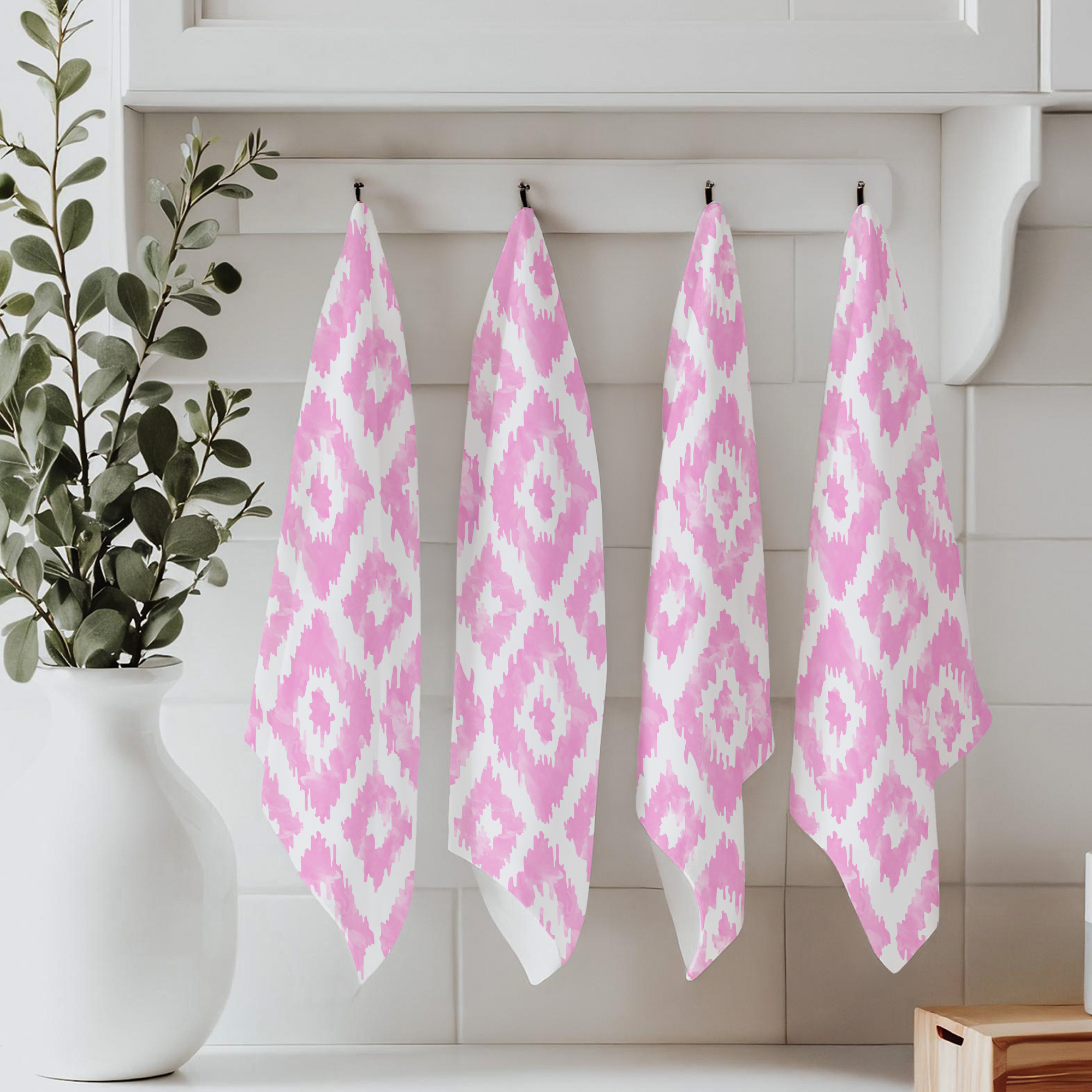Designer Tea Towel in Watercolor Ikat Diamonds Pink