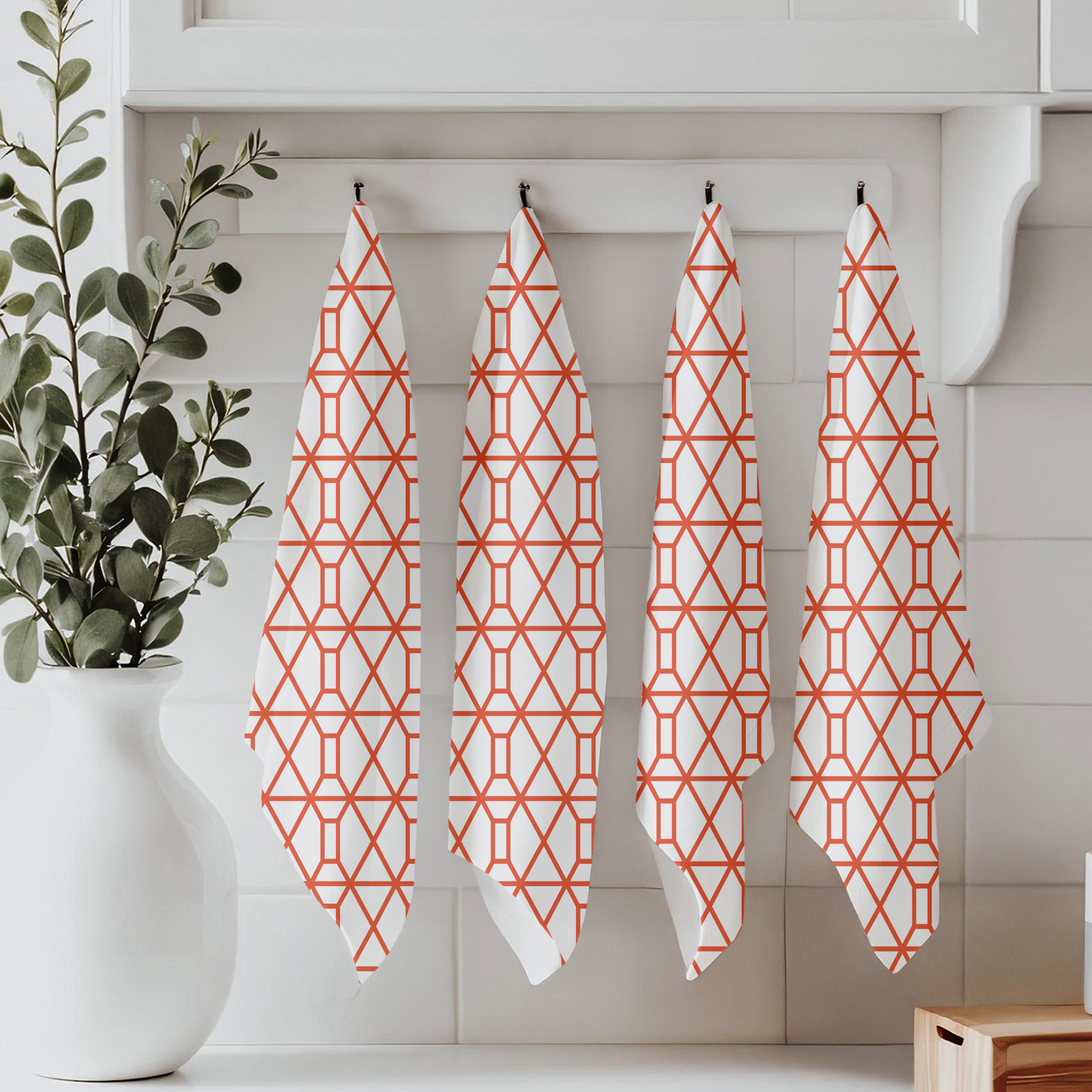Designer Tea Towel in Victorian Fence Deep Coral and White