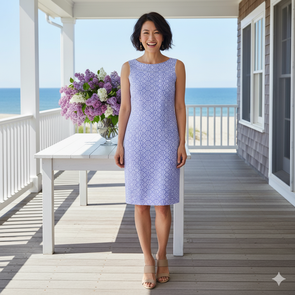 Seaside Dress in Imperial Trellis Lilac and White