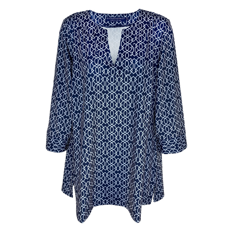 Katherine Way Boca Tunic Top in Imperial Trellis Navy and White
