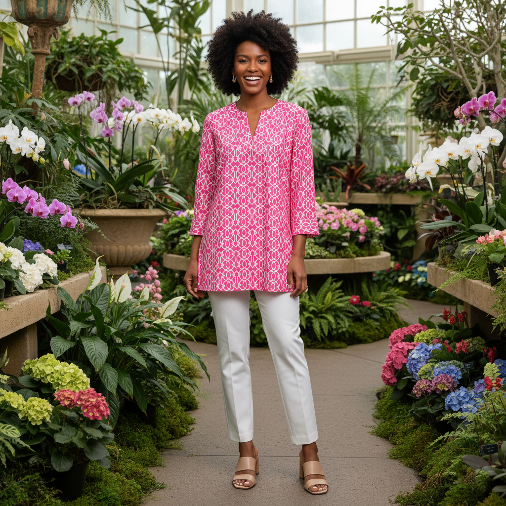 Boca Tunic Top in Imperial Trellis Petal Pink White