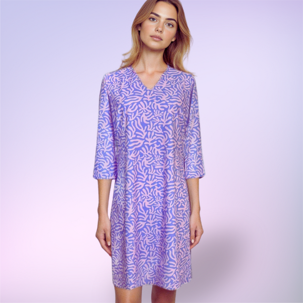 Brisbane V-Neck Dress in Abstract Coral Lilac and Pink Lemonade