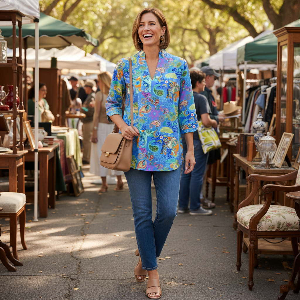 Largo Tunic Top in Paisley Pachyderms Periwinkle