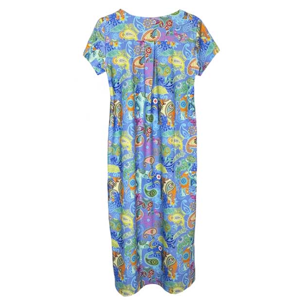 Mackinac Island Midi Length Tee Shirt Dress in Paisley Pachyderms Periwinkle